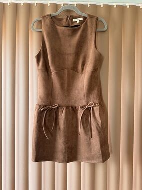 Suede-Look Brown Sleeveless Dress with Tie Details